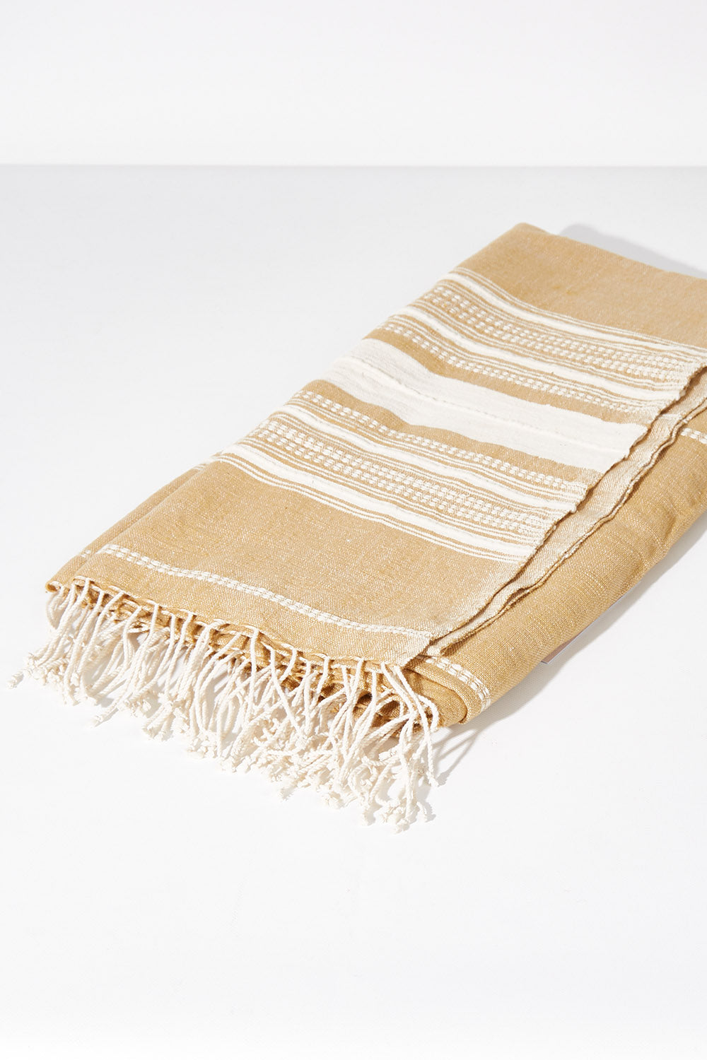 A model wearing size OneSize of the Handwoven Genale Bath Towel in colour Butterscth, from the front, showing the whole outfit