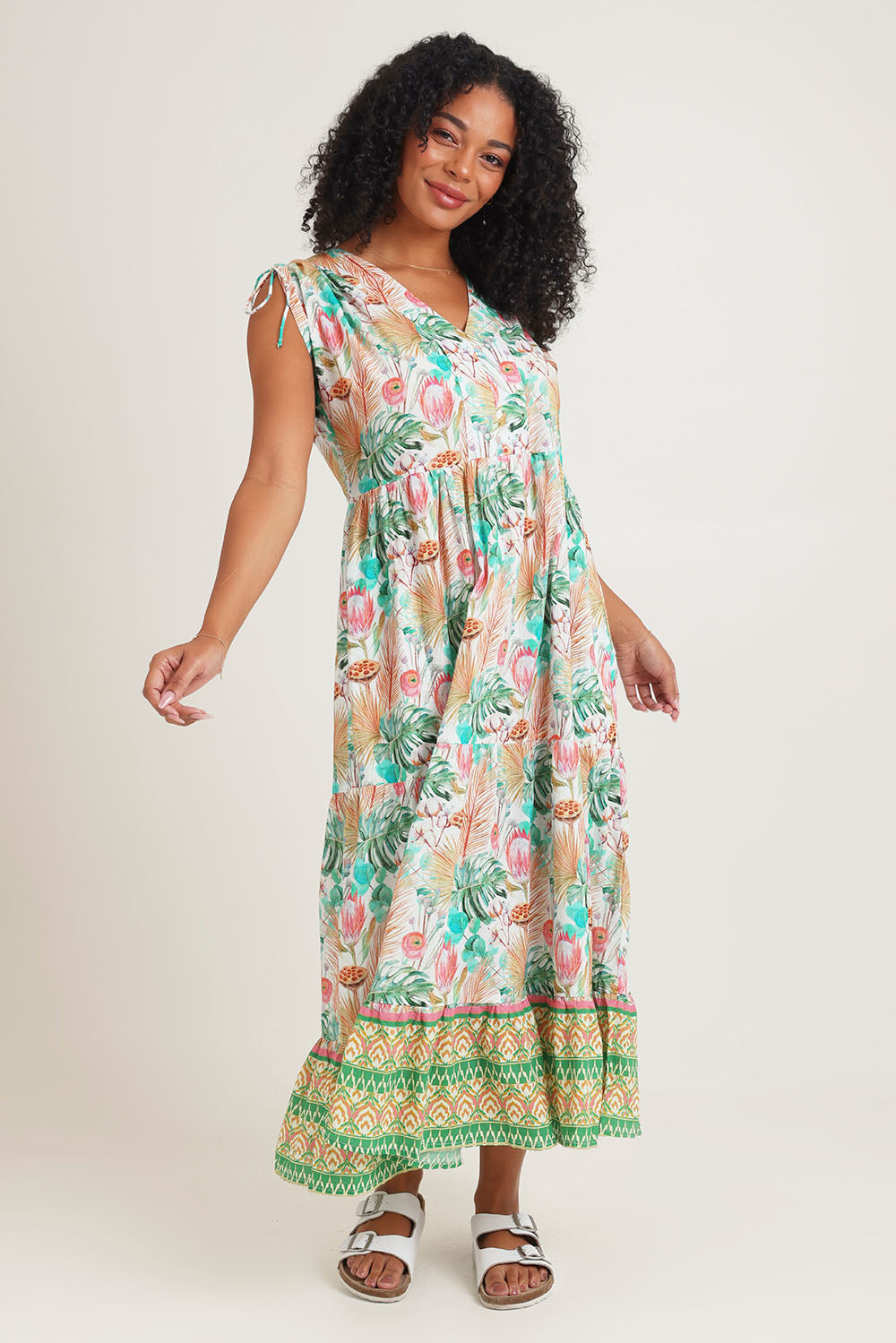 Model Ziara wearing size S of the Mona Bluebell Cotton Dress in colour Mona, from the front, showing the whole outfit