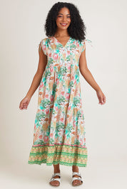Model Ziara wearing size S of the Mona Bluebell Cotton Dress in colour Mona, from the front, showing the whole outfit