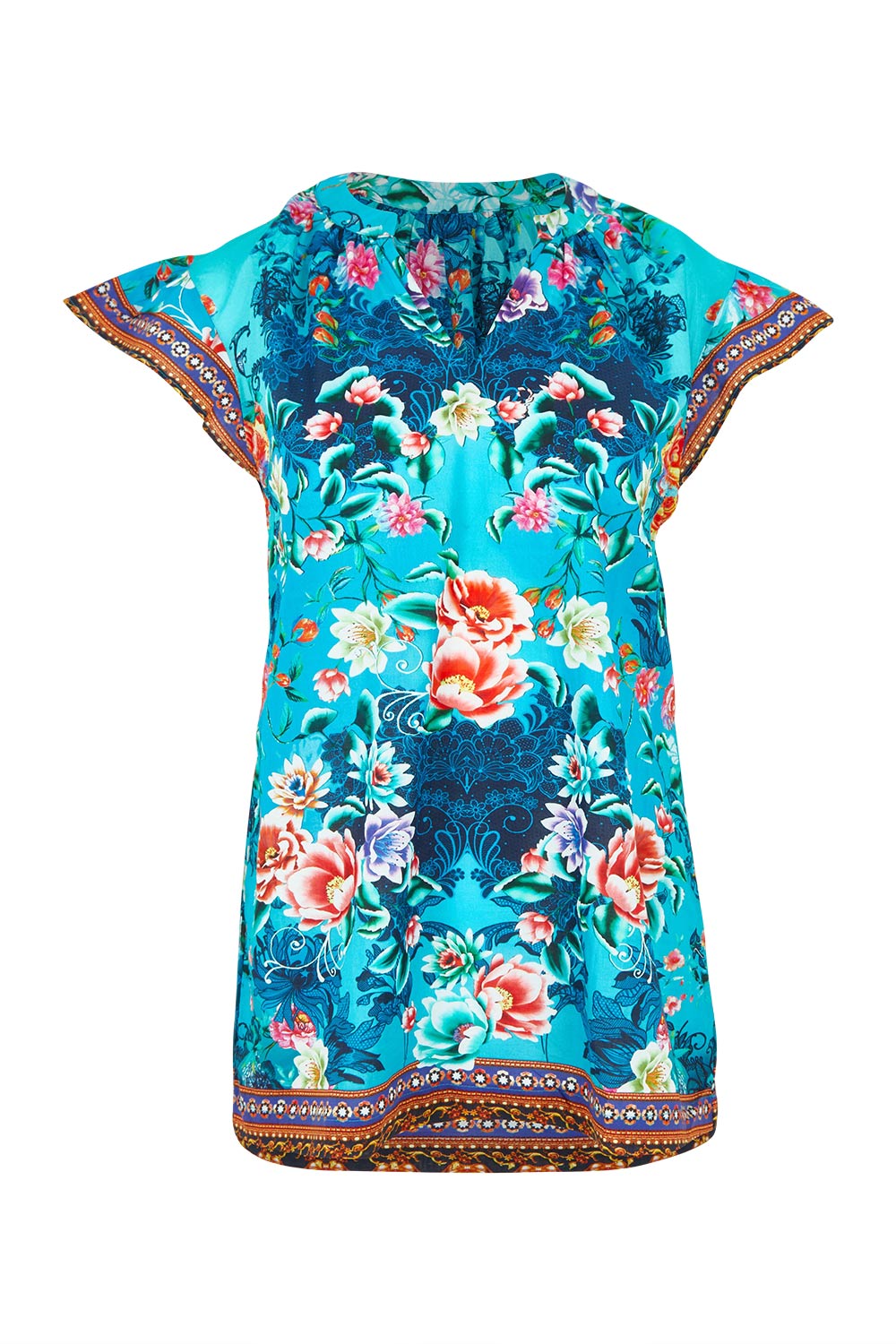 Product shot of the Lotus Garden Sarah Cotton Top in colour Lotus (Blue), from the front