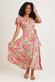 Model Ziara wearing size S of the Bloss Silk Blend Wrap Dress in colour Bloss (Pink), from the front, showing the whole outfit