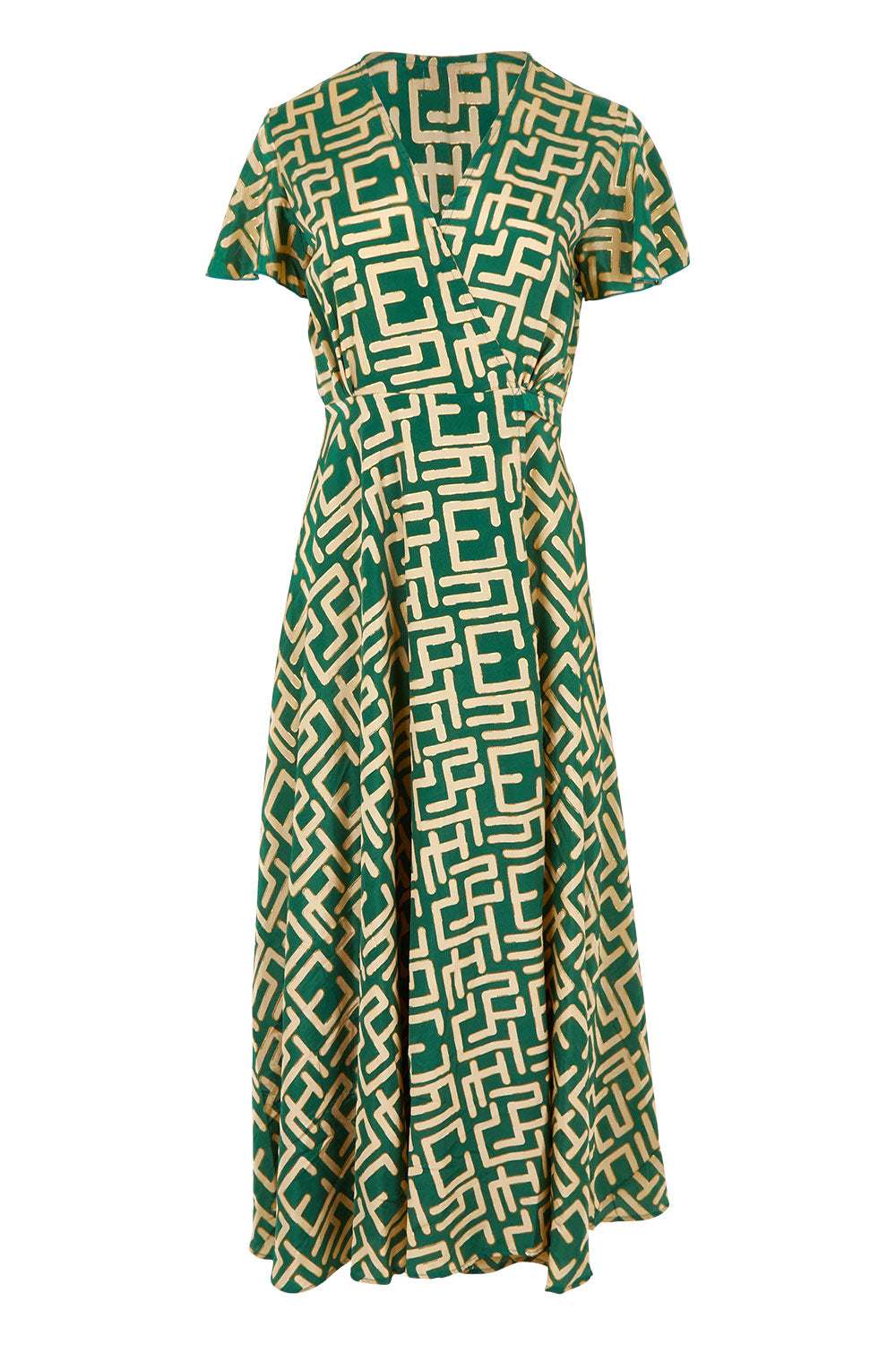 Product shot of the Geo Silk Blend Wrap Dress in colour Green (Green), from the front