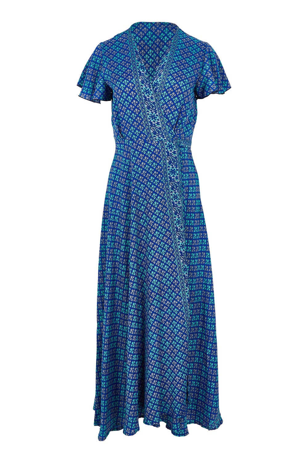Product shot of the Pirrin Silk Blend Wrap Dress in colour Pirrin (Blue), from the front