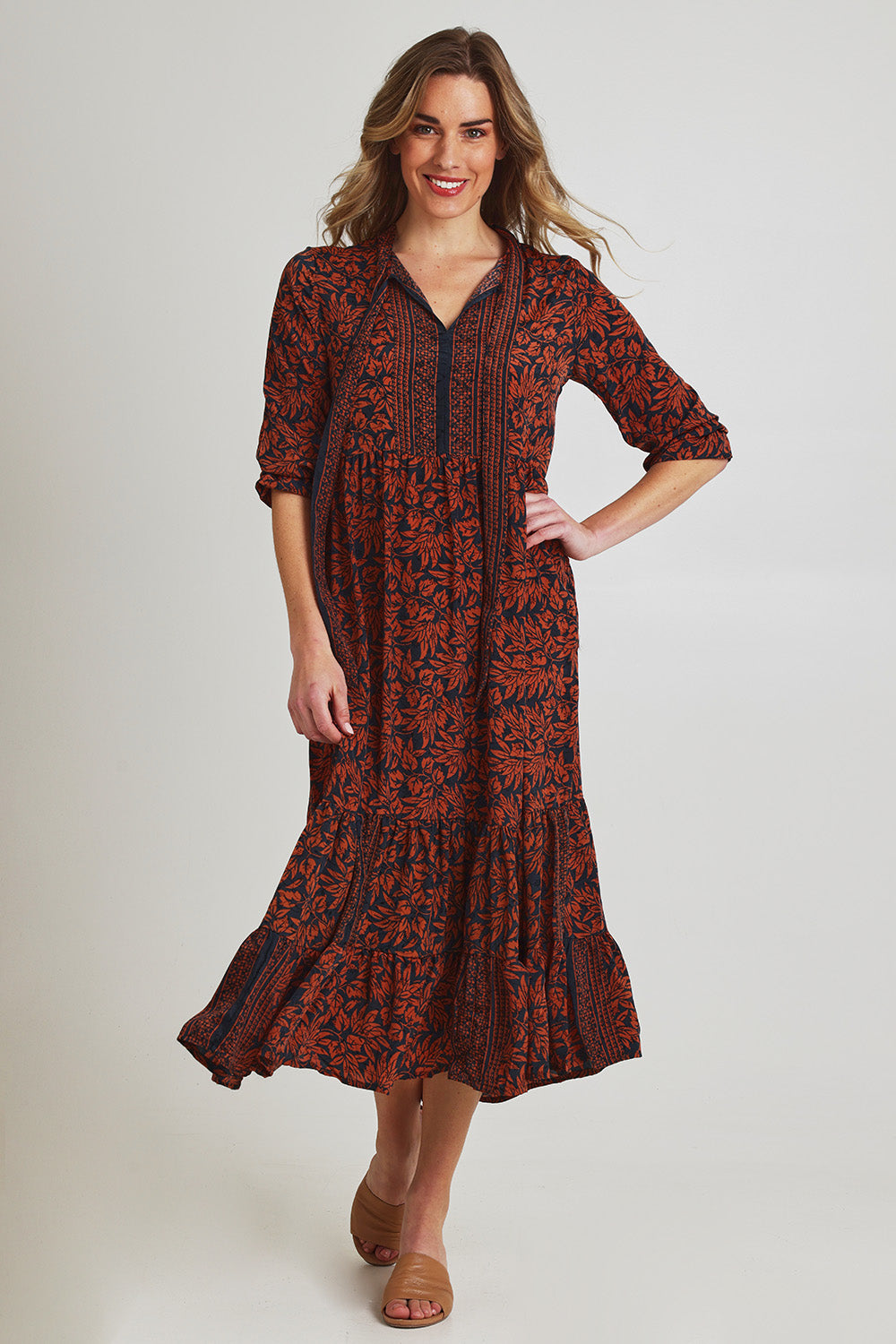 Model Olivia wearing size S of the Bodhi L/S Maxi Dress in colour Print (Blue), from the front, showing the whole outfit