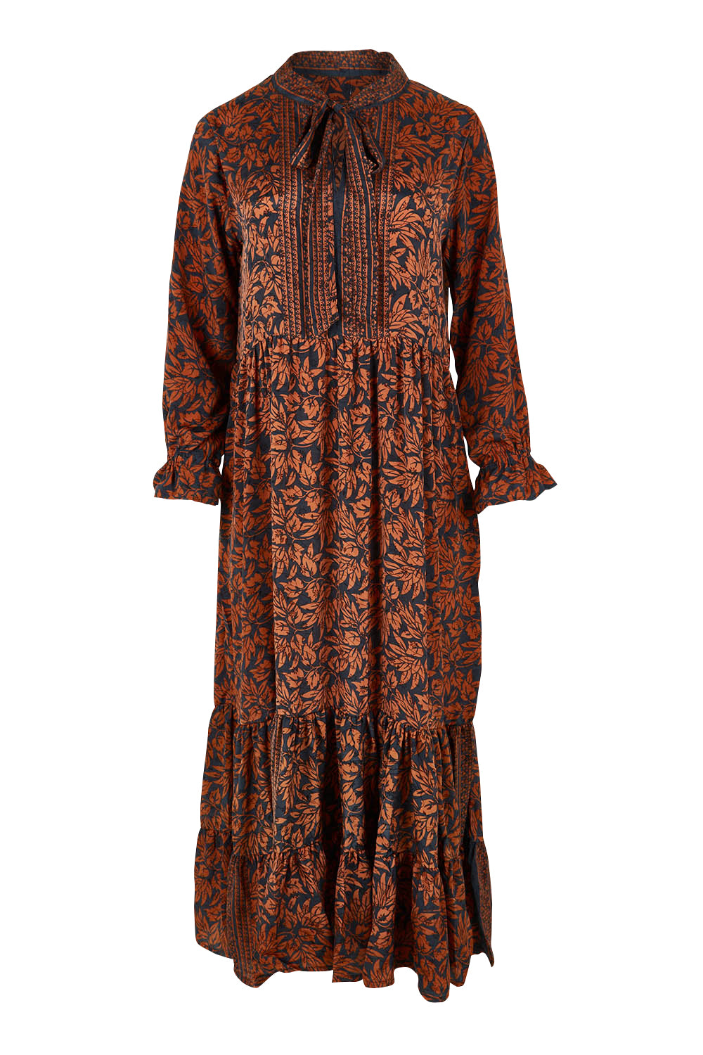 Product shot of the Bodhi L/S Maxi Dress in colour Print (Blue), from the front