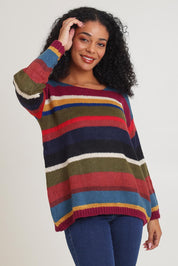 Model Ziara wearing the Stripe Sweater in colour Banff, from the front, cropped image
