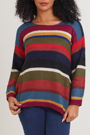 Model Ziara wearing the Stripe Sweater in colour Banff, from the front, cropped image