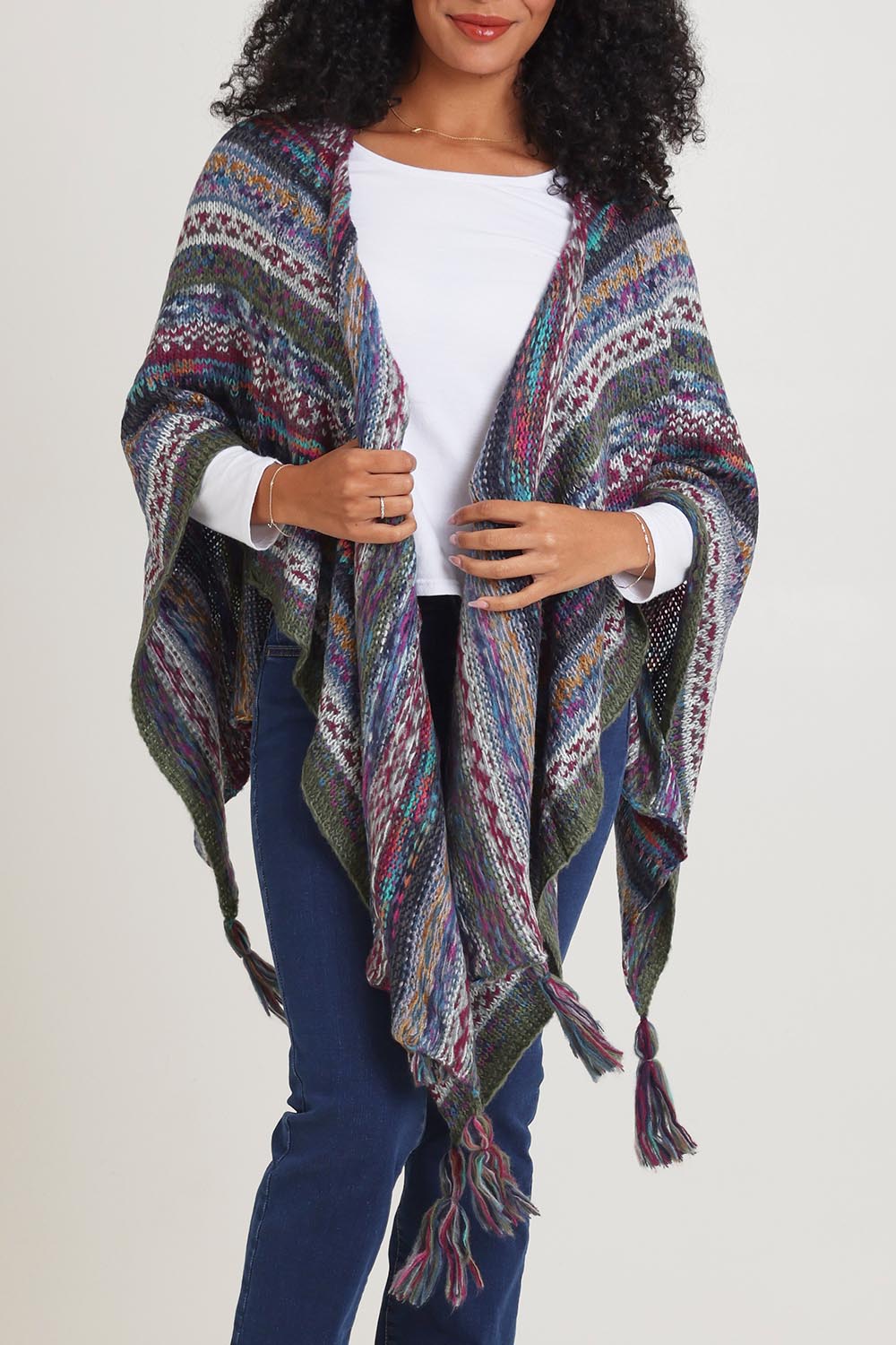Model Ziara wearing the Lugano Wrap in colour Lugano (Blue), from the front, cropped image