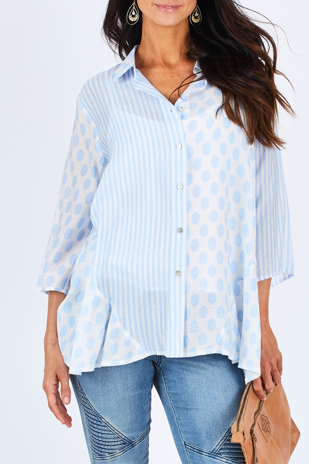 Model Gemma wearing size S of the Spot Stripe Spliced Shirt in colour Bluewhite (Blue), from the front, cropped image