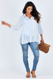 Model Gemma wearing size S of the Spot Stripe Spliced Shirt in colour Bluewhite (Blue), from the front, showing the whole outfit