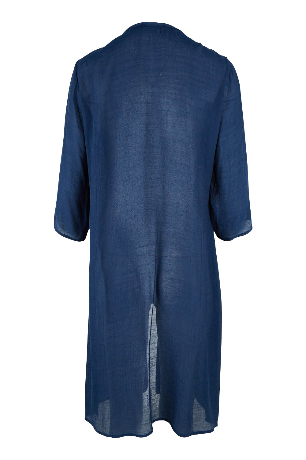 Product shot of the Long Cardi in colour Navy (Blue), from the back