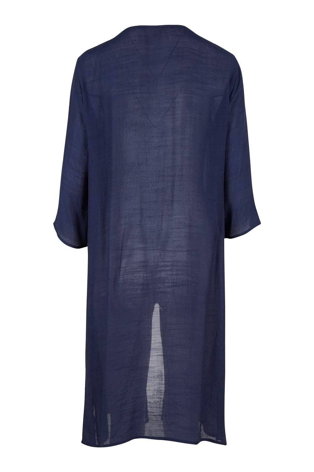 Product shot of the Long Cardi in colour Navy (Blue), from the back