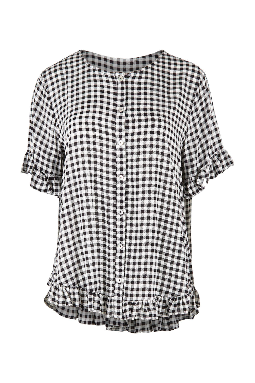 Product shot of the Check Frill Hem Top in colour Black (Black), from the front