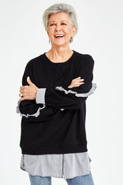 Model Elise wearing size S of the 2 In 1 Sweat in colour Black (Black), from the front, cropped image