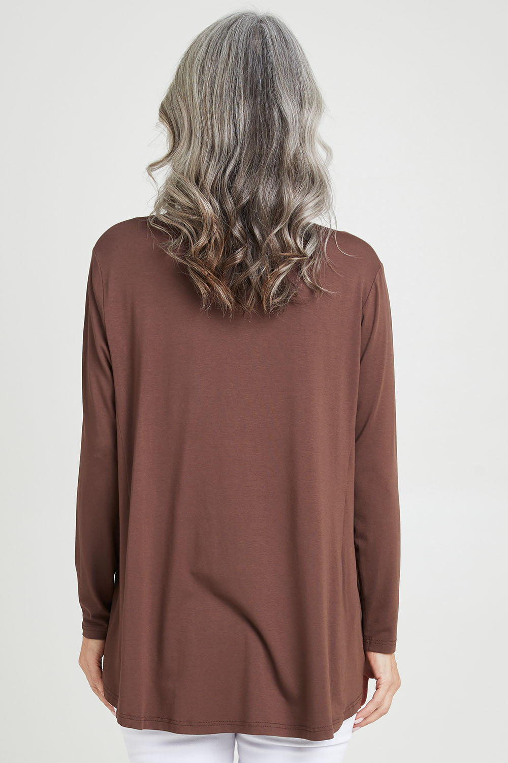 Model Luisa wearing size S of the Over The Moon Sequin Tee in colour Chocolate, from the back