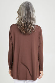 Model Luisa wearing size S of the Over The Moon Sequin Tee in colour Chocolate, from the back
