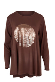 Product shot of the Over The Moon Sequin Tee in colour Chocolate, from the front