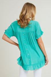 Model Grace wearing size S of the Button Back Top in colour Spearmint (Green), from the back