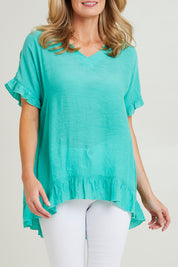 Model Grace wearing size S of the Button Back Top in colour Spearmint (Green), from the front, cropped image