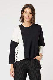 A model wearing the Mode Splice Knit Jumper in colour Black (Black), from the front, cropped image