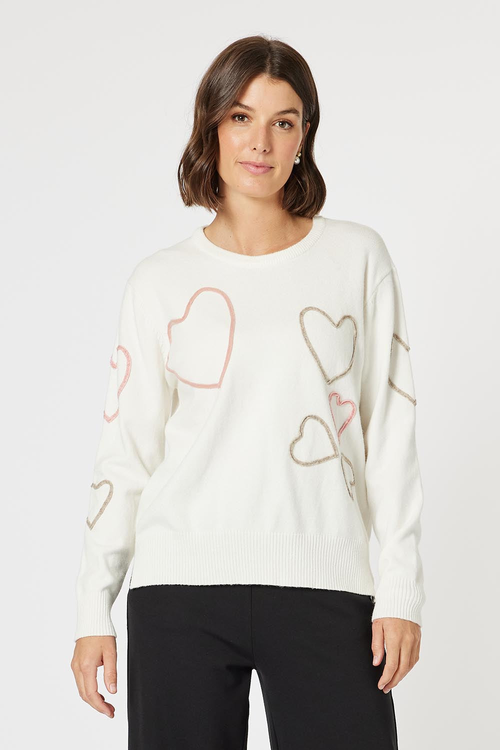 A model wearing the Love Me Knit Jumper in colour Ivory, from the front, cropped image