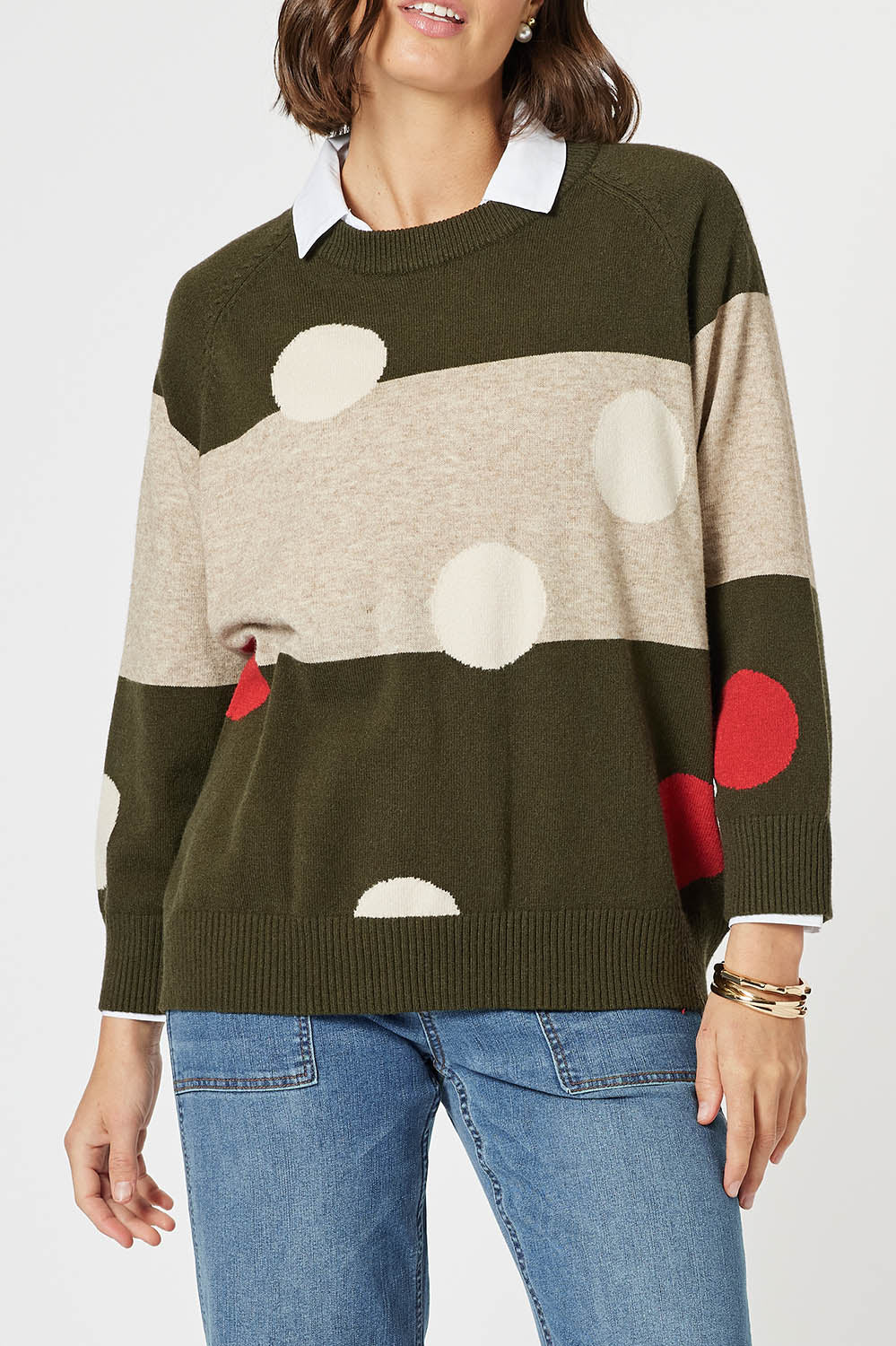 A model wearing the Moonlight Knit Jumper in colour Khaki (Green), from the front, cropped image