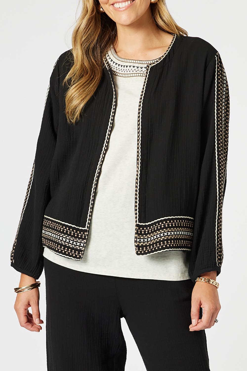 A model wearing the Cross Stitch Cotton Jacket in colour Black (Black), from the front, cropped image