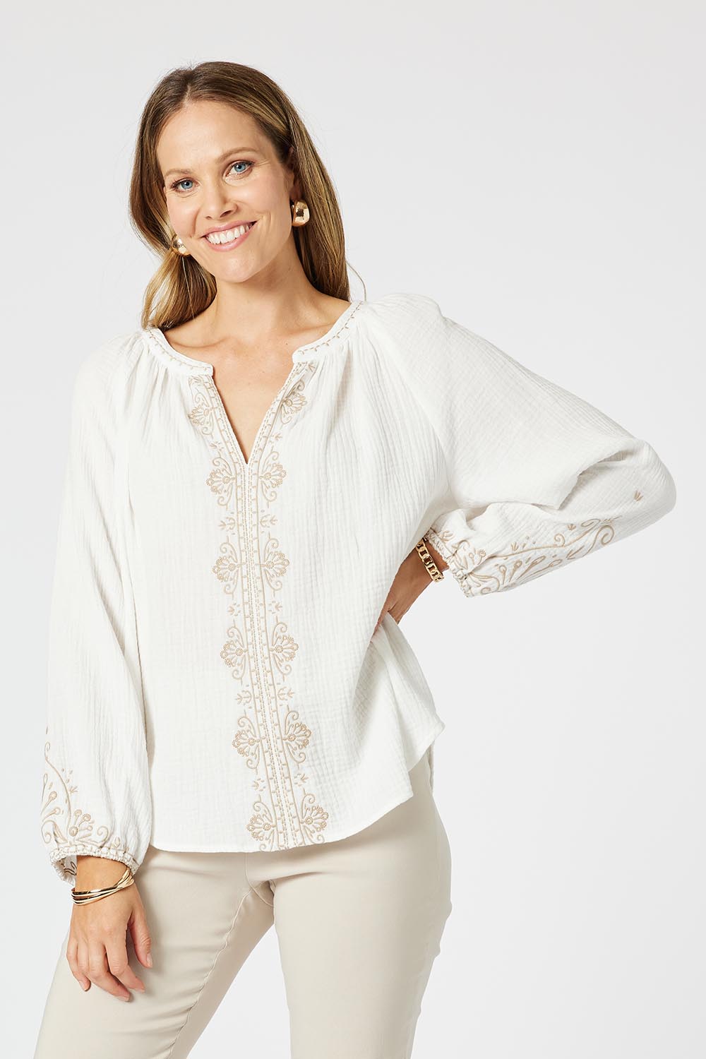 A model wearing the Cross Stitch Embroidered Cotton Top in colour White (White), from the front, cropped image