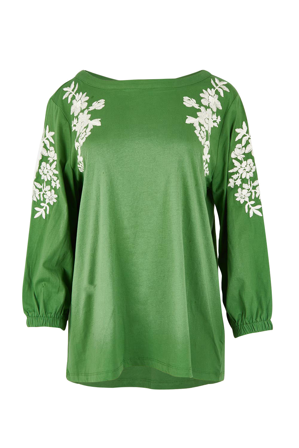 Product shot of the Jill Embroidered Cotton Tee in colour Elm (Green), from the front