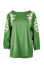 Product shot of the Jill Embroidered Cotton Tee in colour Elm (Green), from the front