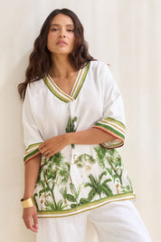 Model Tahnee wearing size S of the Amazon V Neck Top in colour Green (Green), from the front, showing the whole outfit