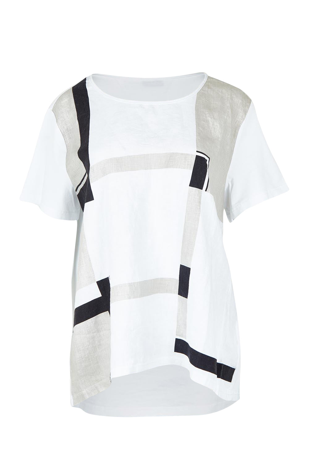 Product shot of the Geometric Linen Cotton Top in colour Navy (White), from the front