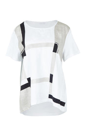 Product shot of the Geometric Linen Cotton Top in colour Navy (White), from the front