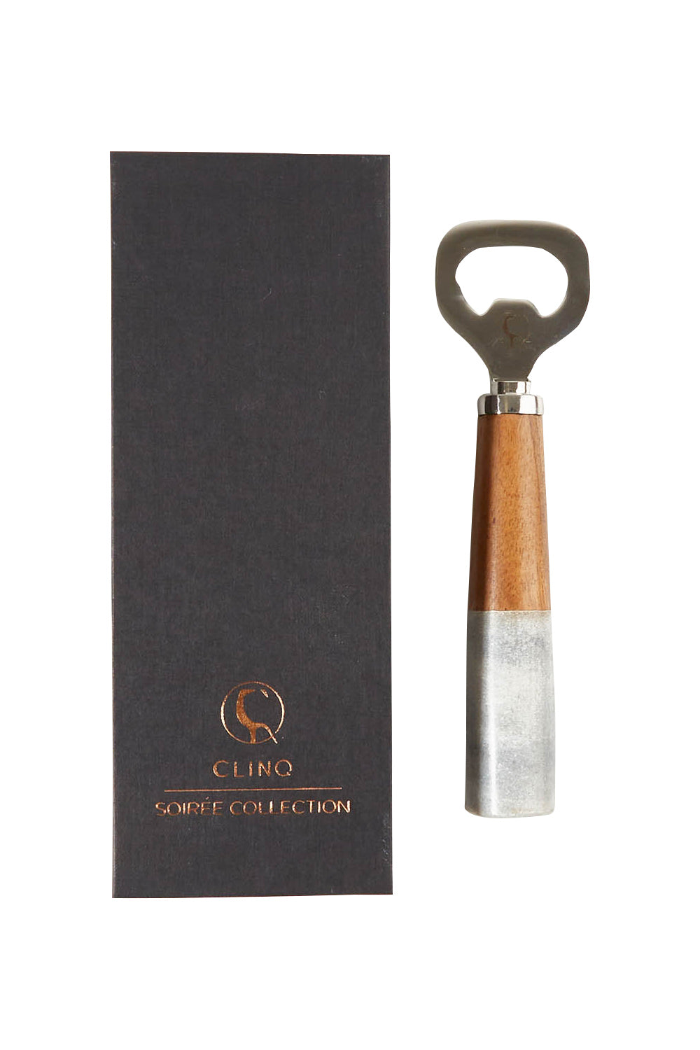 Product shot of the Grey Stone And Timber Bottle Opener in colour Greystone (Grey), from the front