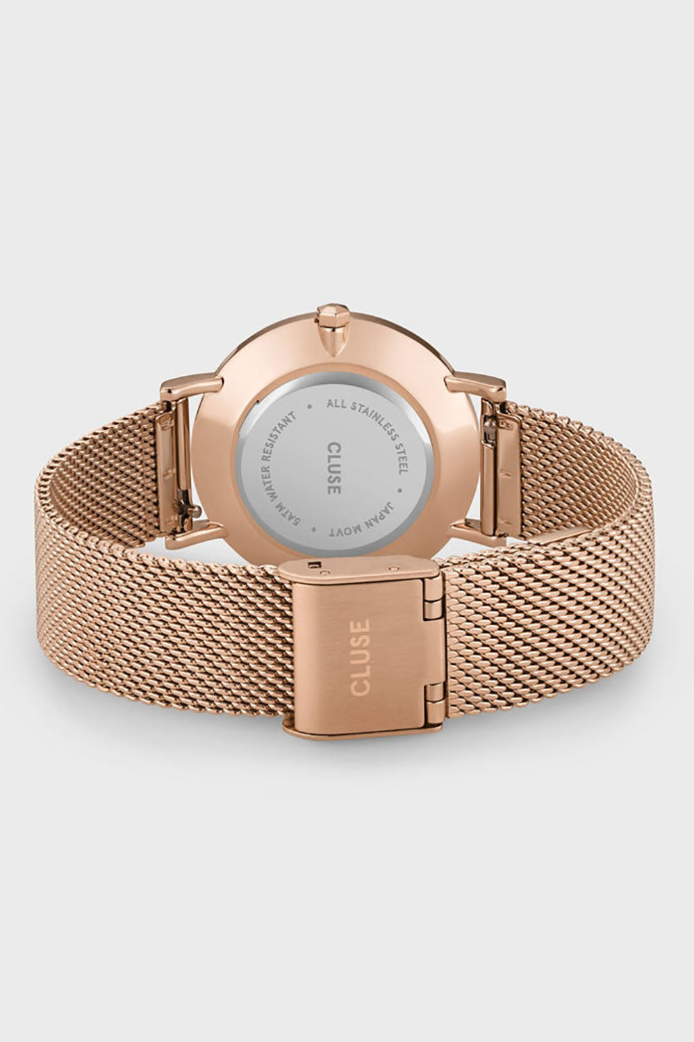 Product shot of the Minuit Mesh Rose Gold Watch in colour Rosegold (Metallics), from the back