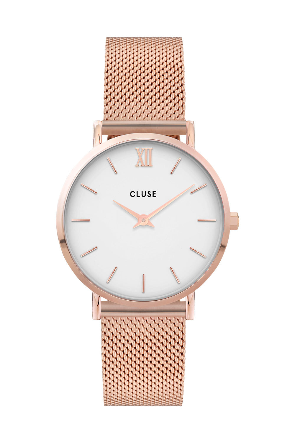 Product shot of the Minuit Mesh Rose Gold Watch in colour Rosegold (Metallics), from the front