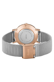 Product shot of the Minuit Mesh Rose Gold Silver Watch in colour Rosgolsilv (Metallics), from the back