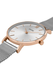 Product shot of the Minuit Mesh Rose Gold Silver Watch in colour Rosgolsilv (Metallics), detail