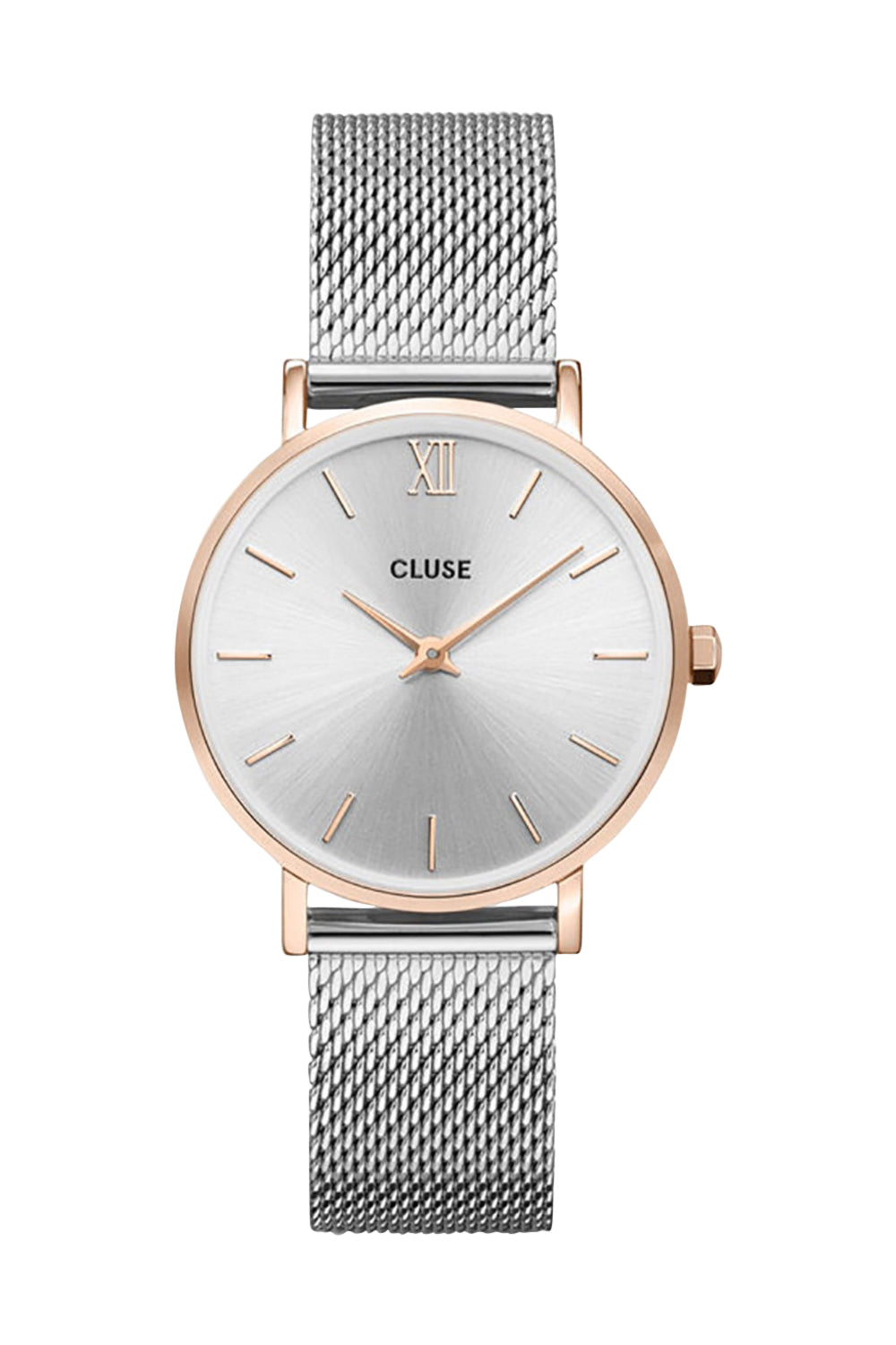Product shot of the Minuit Mesh Rose Gold Silver Watch in colour Rosgolsilv (Metallics), from the front