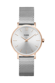 Product shot of the Minuit Mesh Rose Gold Silver Watch in colour Rosgolsilv (Metallics), from the front
