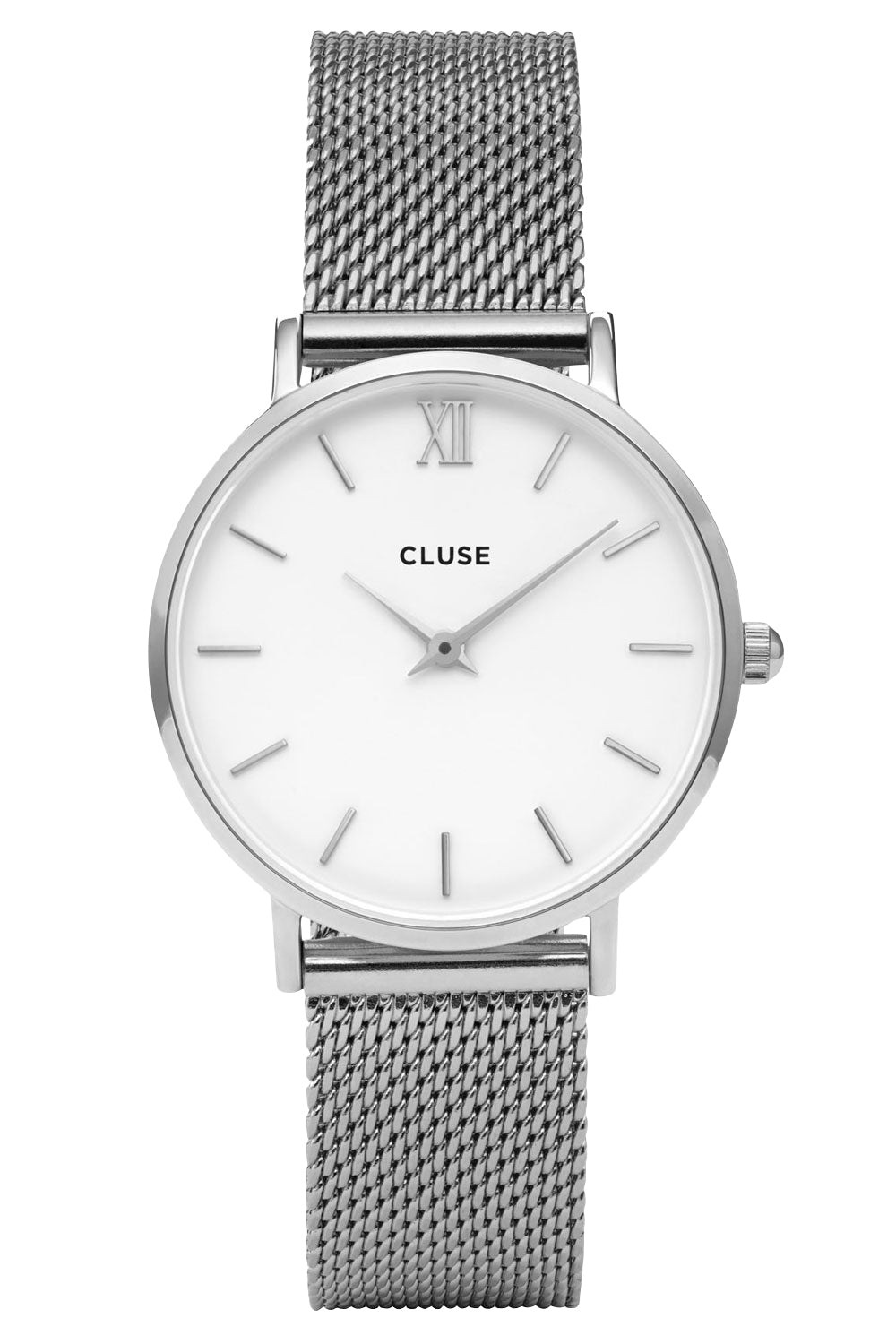 Product shot of the Minuit Mesh Watch in colour SilverWhit (Metallics), from the front