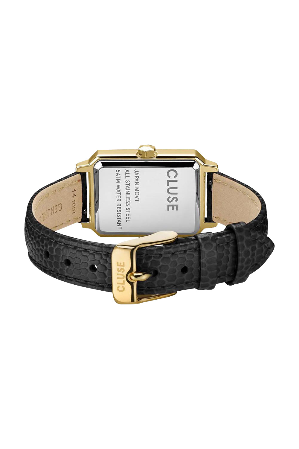 Product shot of the Fluette Black Leather Watch in colour Blackgold (Black), from the back