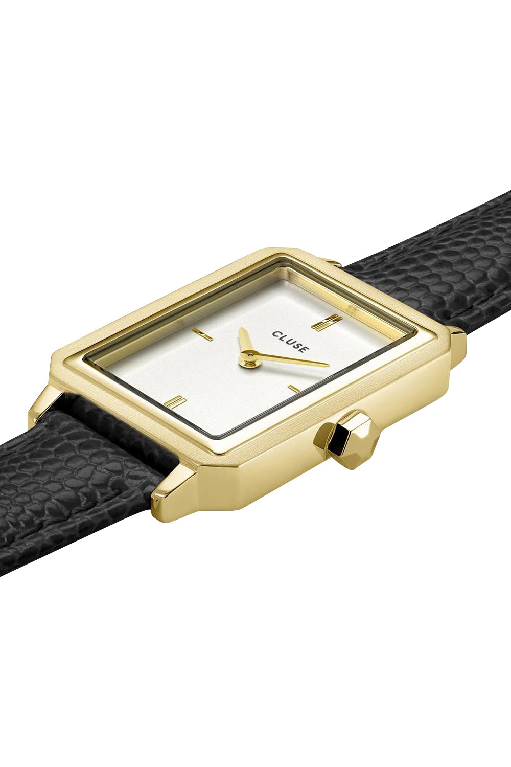 Product shot of the Fluette Black Leather Watch in colour Blackgold (Black), detail