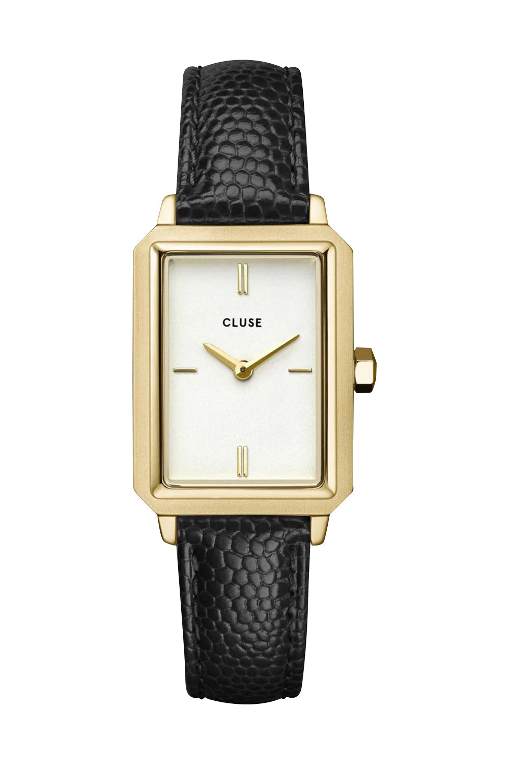 Product shot of the Fluette Black Leather Watch in colour Blackgold (Black), from the front