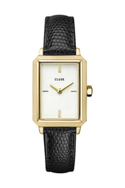Product shot of the Fluette Black Leather Watch in colour Blackgold (Black), from the front
