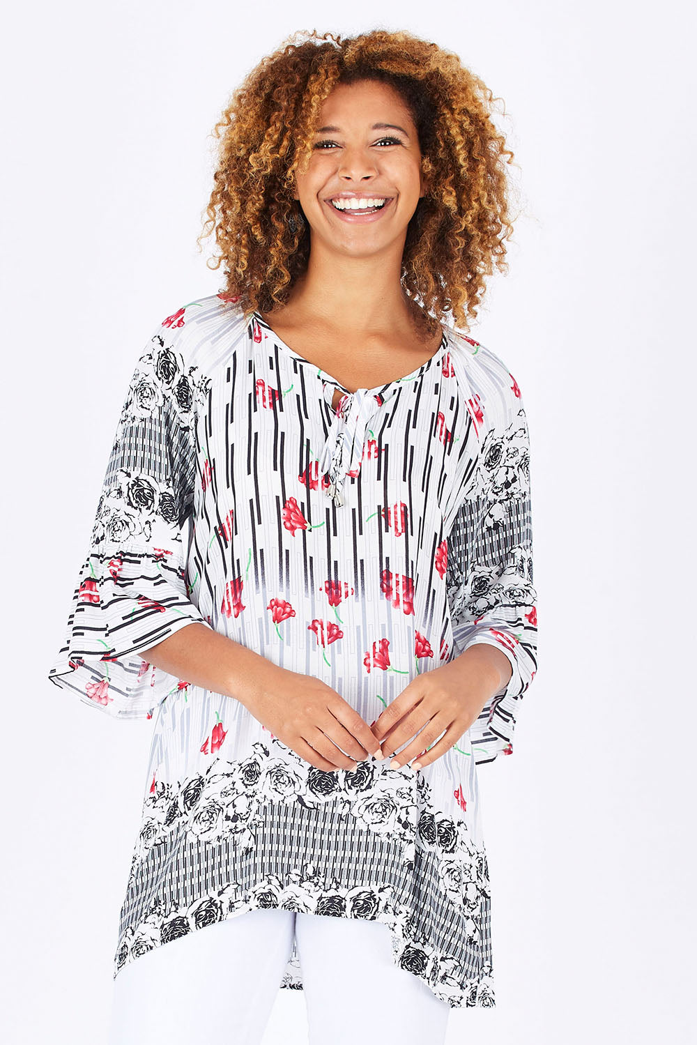 Model Summer wearing size 10 of The Summer Peasant Top in colour Ivory (White), from the front, cropped image