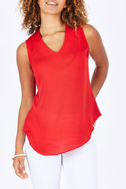 Model Summer wearing size 10 of the Cami Top in colour Red (Red), from the front, cropped image