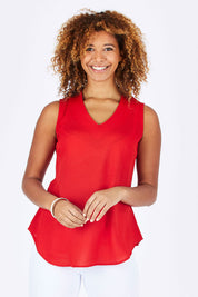 Model Summer wearing size 10 of the Cami Top in colour Red (Red), from the front, cropped image