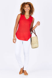 Model Summer wearing size 10 of the Cami Top in colour Red (Red), from the front, showing the whole outfit