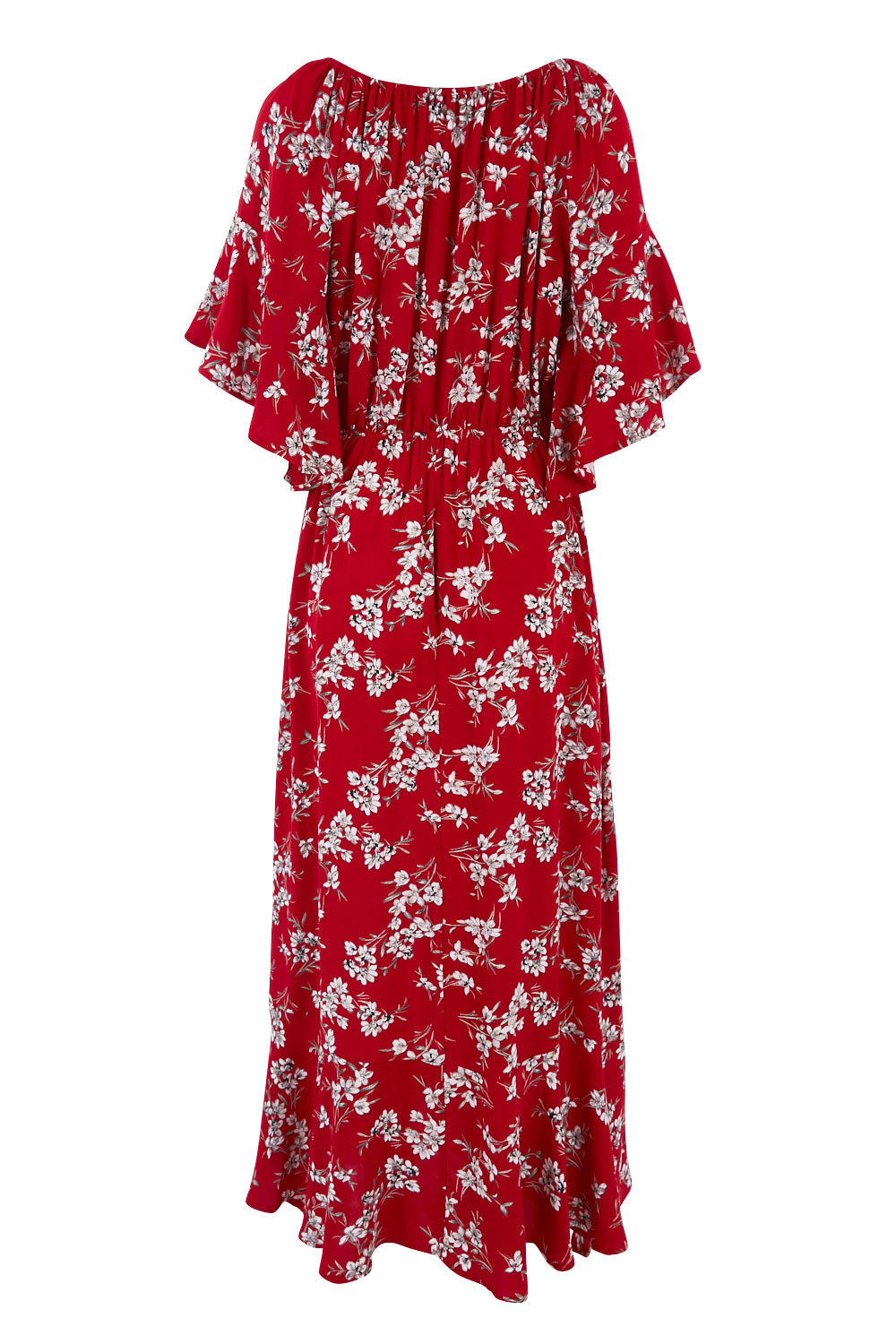 Product shot of the Floral Off The Shoulder Dress in colour Red (Red), from the back